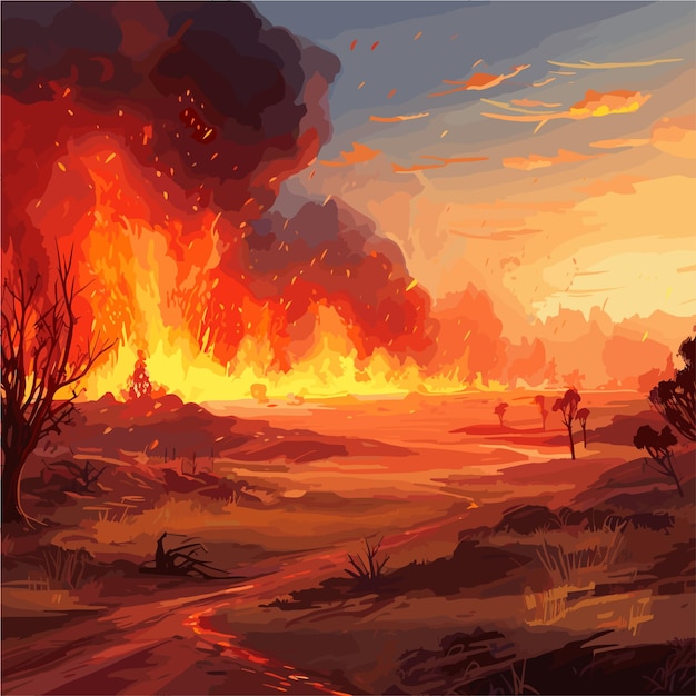 Vetor uma pintura de um fogo queimando no jogo de fundo vetorial do deserto