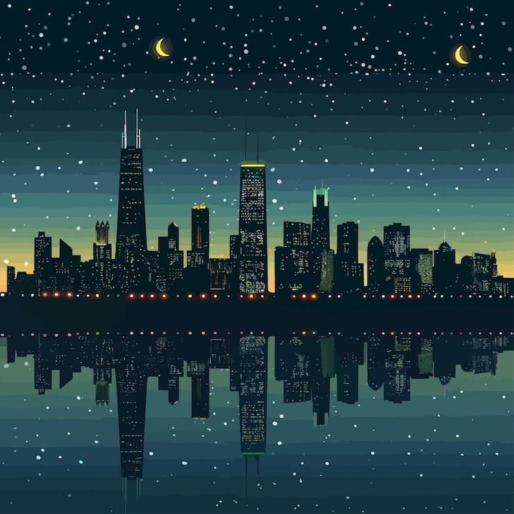 Vetor uma pintura de um horizonte da cidade com uma lua e uma cidade no fundo