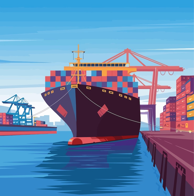 Vetor uma pintura de um navio com um guindaste no fundo