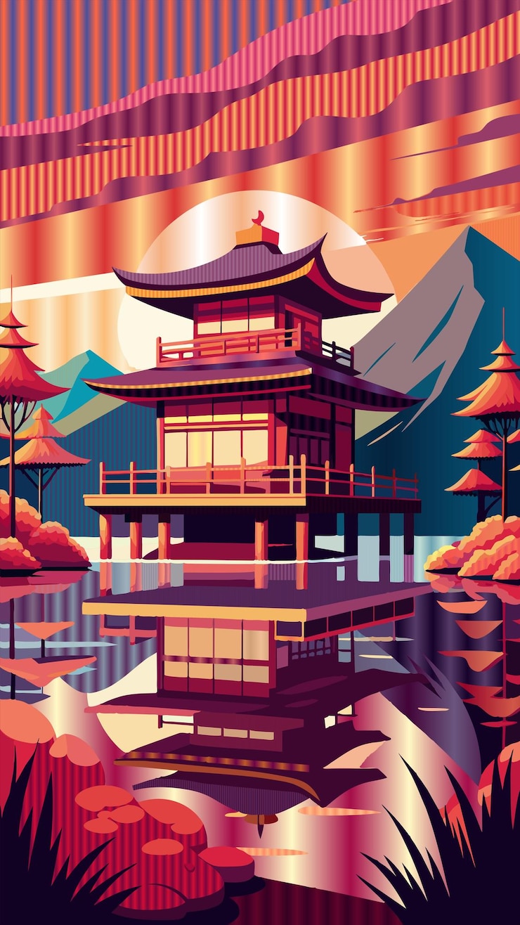 Vetor uma pintura de um pagode à beira do lago