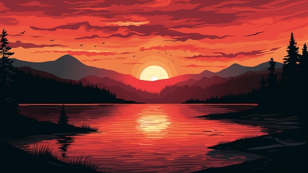 Vetor uma pintura de um pôr-do-sol com montanhas e um lago