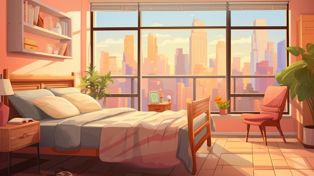 Vetor uma pintura de um quarto com uma vista da cidade