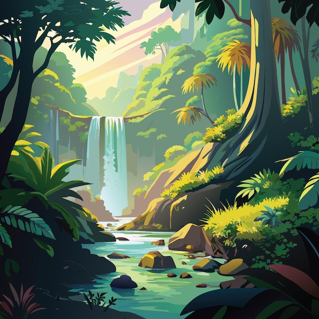 Vetor uma pintura de uma cachoeira com uma cena da selva e uma cachoeeira no fundo