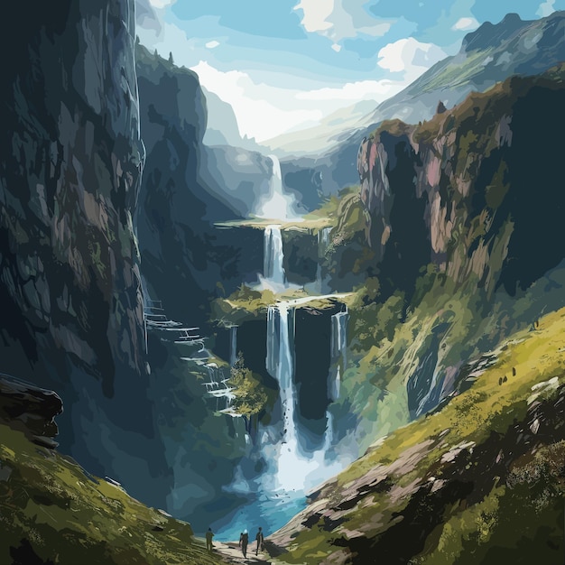 Uma pintura de uma cachoeira em um vale verde