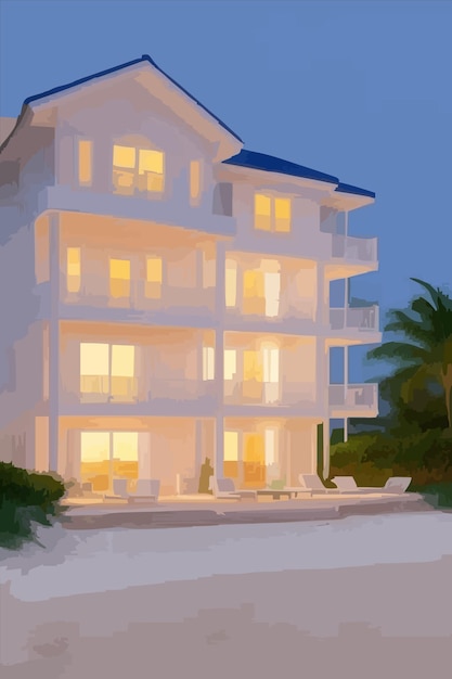Vetor uma pintura de uma casa de praia com palmeiras e uma palmeira