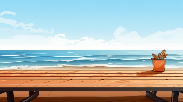 Vetor uma pintura de uma cena de praia com uma cerca de madeira e o oceano ao fundo