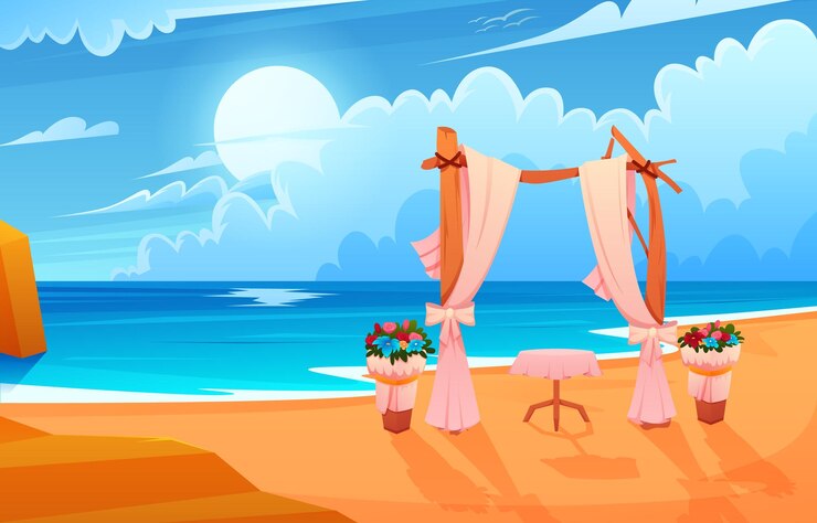 Vetor uma pintura de uma cena de praia com uma noiva e um noivo na praia