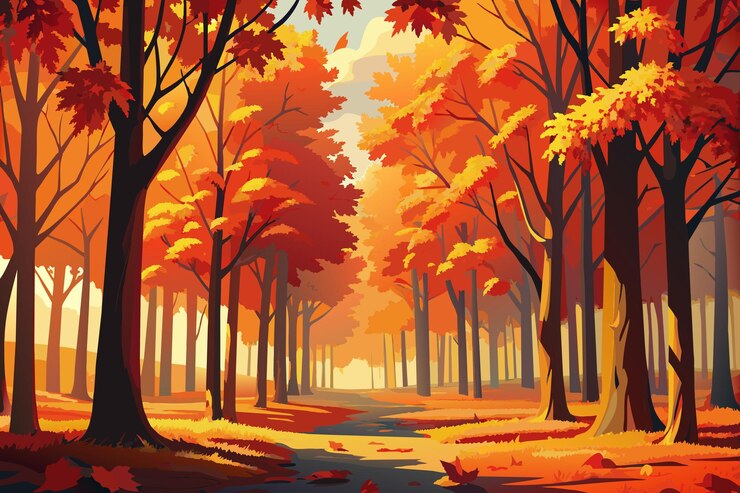 Vetor uma pintura de uma floresta com árvores em cores de outono
