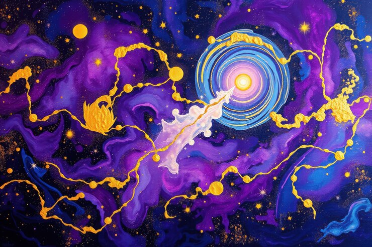 Vetor uma pintura de uma galáxia com uma estrela no meio