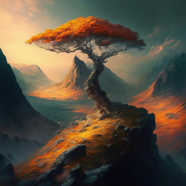Vetor uma pintura de uma montanha com uma árvore nela