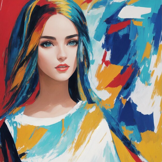 Vetor uma pintura de uma mulher com cabelo azul e uma camisa branca.