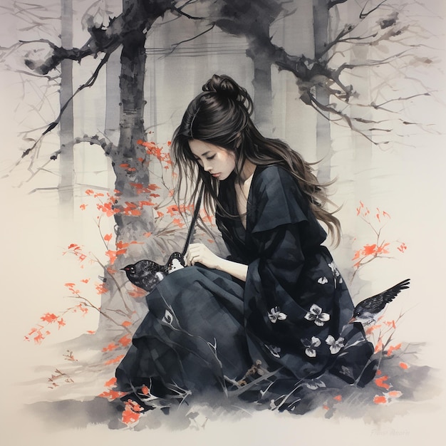 Vetor uma pintura de uma mulher sentada na grama com um livro no colo
