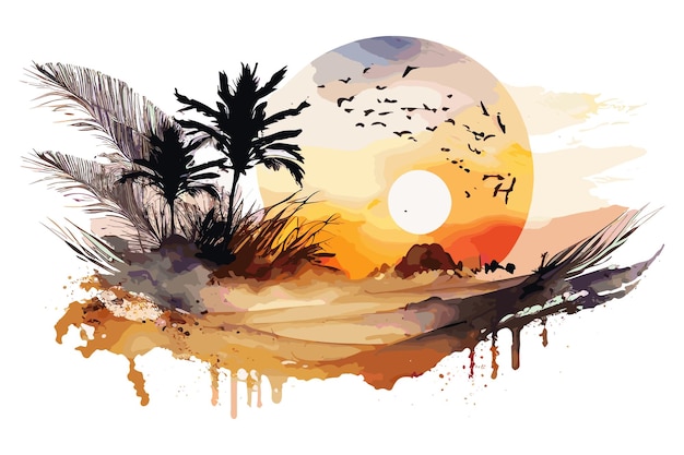 Uma pintura de uma praia com um pôr do sol e pássaros voando ao seu redor.