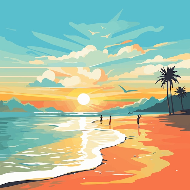 uma pintura de verão e pessoas em uma praia com palmeiras e montanhas ao fundo