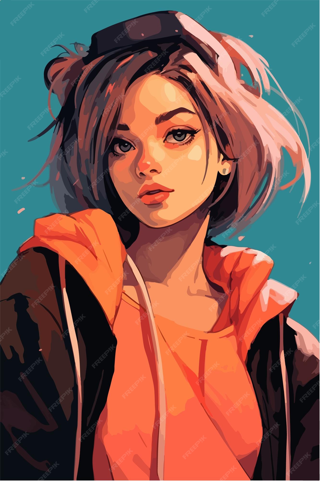 Uma pintura digital de um estilo girl anime