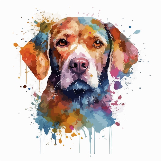 Uma pintura em aquarela de um cachorro com o rosto pintado em cores diferentes.