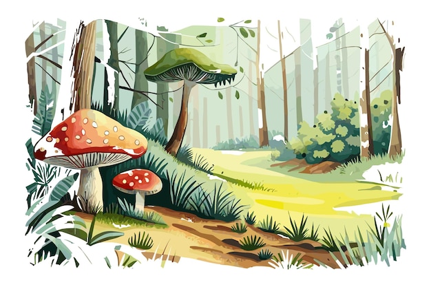 Uma pintura em aquarela de um cogumelo em uma floresta