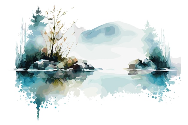 Uma pintura em aquarela de um lago com árvores e montanhas ao fundo.