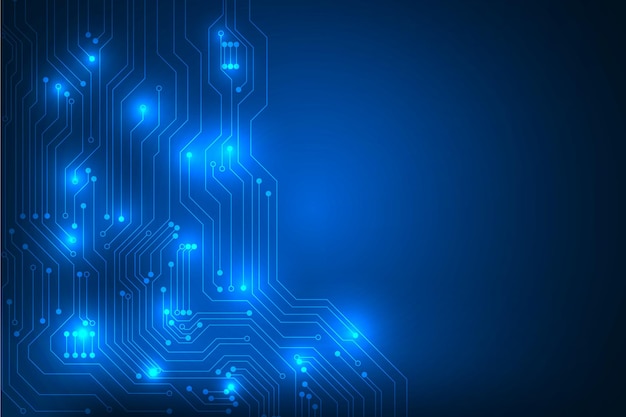 Uma placa de circuito azul com um resumo de tecnologia de linhas digitais de fundo azul