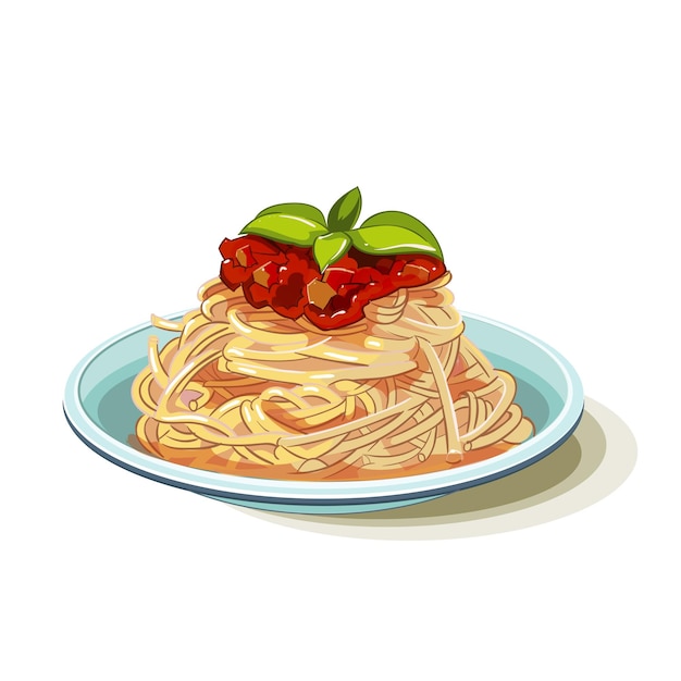 uma placa de espaguete com uma placa de spaghetti e uma placa de comida com uma foto de um tomate nele