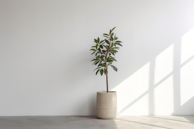 Uma planta em vaso está sentada em uma mesa na frente de uma parede branca