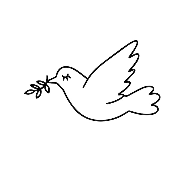 Uma pomba pomba voando folha em seu bico esboço doodle desenho de mão esboço de linha de ícone