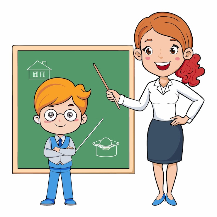 Vetor uma professora com um ponteiro e um quadro