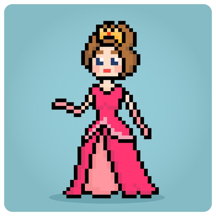Vetor uma rainha vestida de rosa com arte de pixel de 8 bits