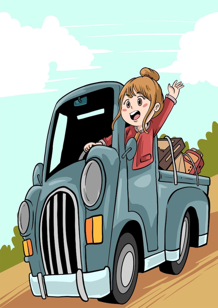 Vetor uma rapariga a conduzir um camião de desenho animado numa aventura de viagem.
