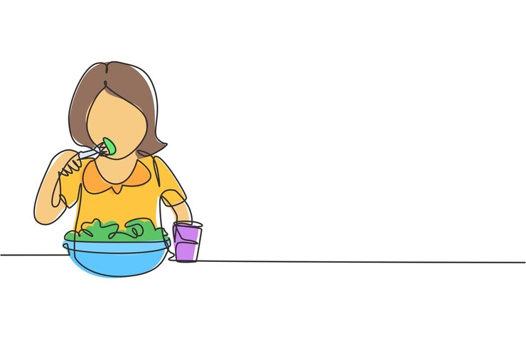 Vetor uma rapariga a desenhar uma linha a comer salada com um garfo feliz e a desfrutar do pequeno-almoço pela manhã
