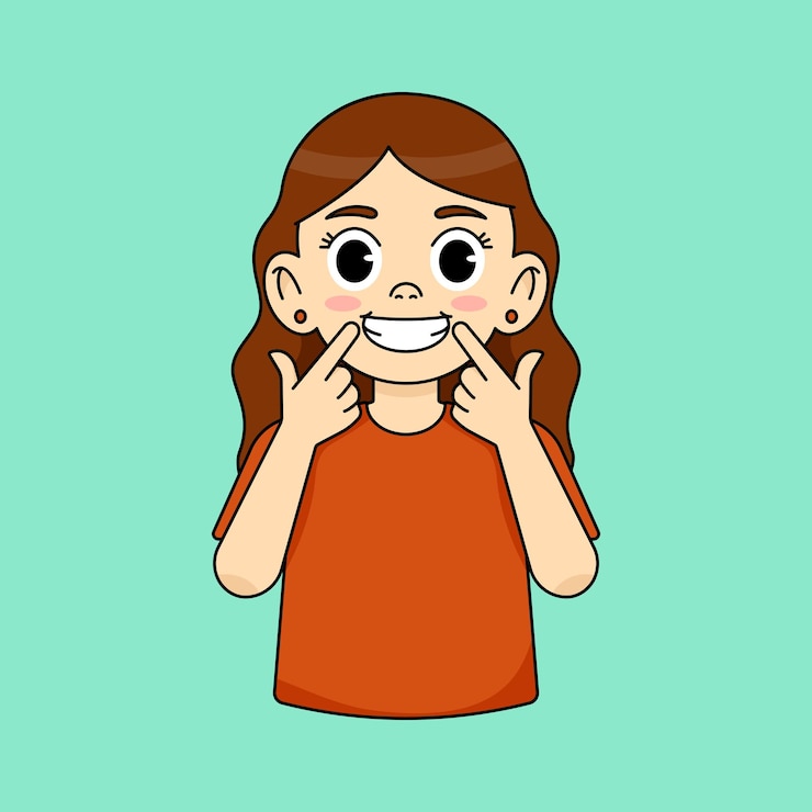 Vetor uma rapariga bonita com um sorriso perfeito com uma camiseta laranja a apontar o dedo para a boca.