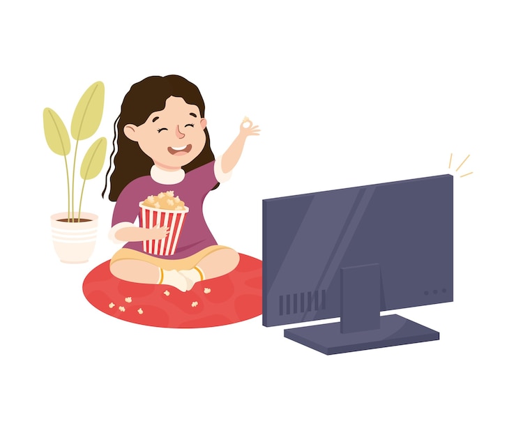 Vetor uma rapariga bonita sentada no chão com pipocas e a ver uma ilustração vetorial na televisão.
