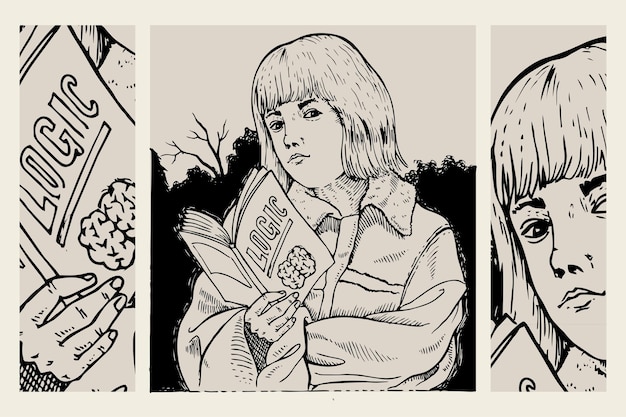 Uma rapariga com um livro em estilo de quadrinhos.