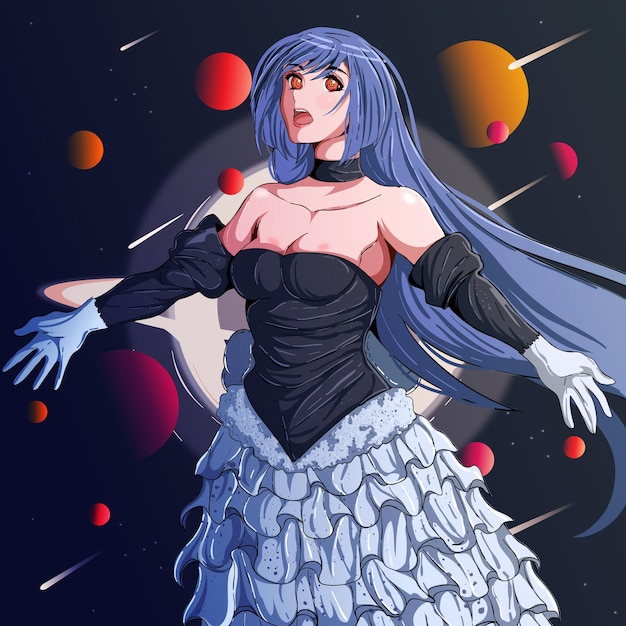 Uma rapariga de vestido lindo a flutuar no espaço.