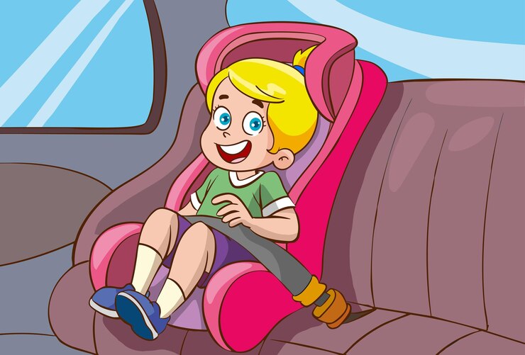 Vetor uma rapariga feliz com o cinto no assento do carro.
