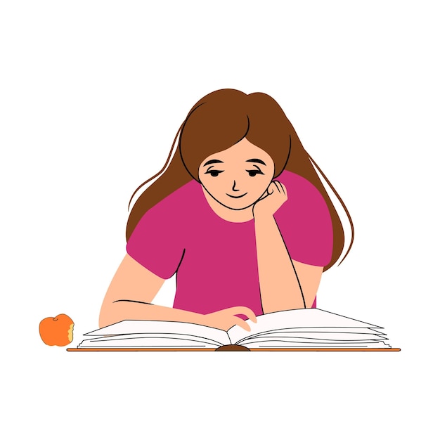 Uma rapariga introvertida feliz a ler um livro grande.