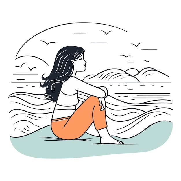 Uma rapariga sentada na praia com um estilo de linha fina.
