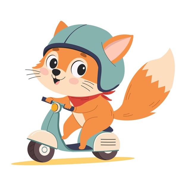 Uma raposa bonita com capacete a andar de scooter Um personagem feliz numa scooter