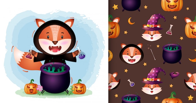 Uma raposa bonita com coleção de personagens de halloween de fantasia de bruxa. padrão sem emenda e desenhos de ilustração