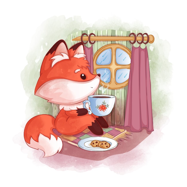 Uma raposa vermelha bonita senta-se perto de uma janela redonda, bebe chá quente e olha para a chuva.