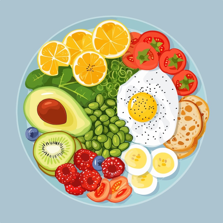 Vetor uma refeição equilibrada e saudável com vários alimentos dispostos num prato
