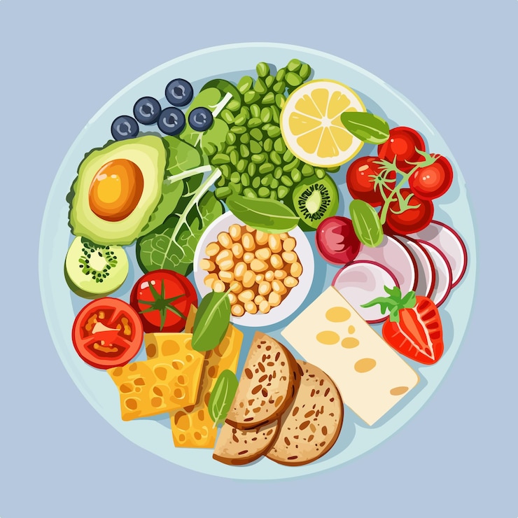 Vetor uma refeição equilibrada e saudável com vários alimentos dispostos num prato
