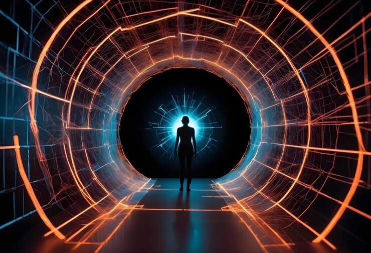 Vetor uma renderização 3d de um túnel futurista com uma luz azul brilhante no final.