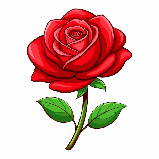 Uma rosa vermelha com folhas verdes e um desenho de uma rosa vermelha