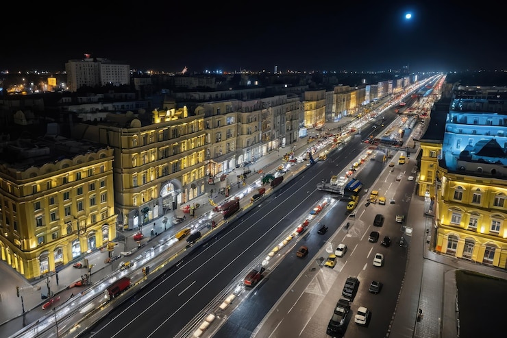 Vetor uma rua da cidade com carros e uma rua com um grande número de carros na estrada