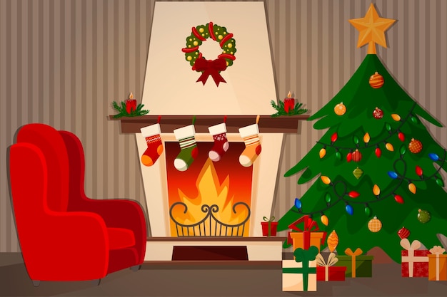Uma sala com lareira, poltrona e uma árvore de Natal decorada.