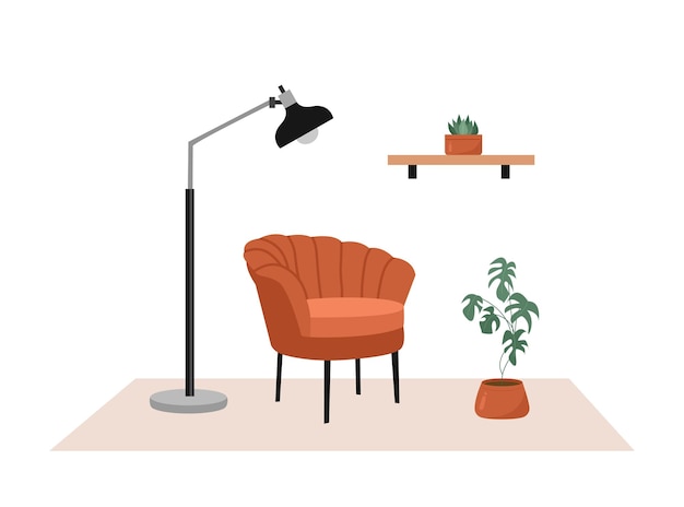 uma sala com uma lâmpada e uma planta no chão