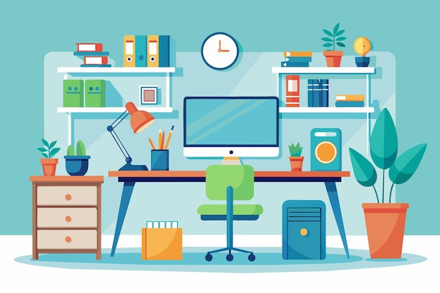 Uma sala de escritório simples e elegante com uma mesa e cadeira para trabalho ou estudo interior de escritório elegante espaço de trabalho de escritório moderno com mesa e plantas A gerado