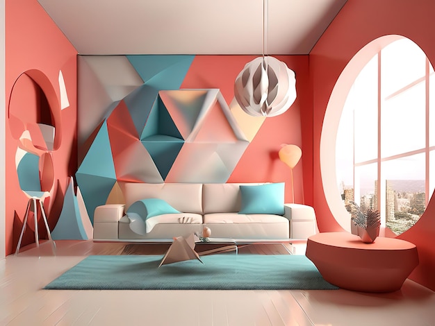 uma sala de estar com papel de parede colorido e um sofá
