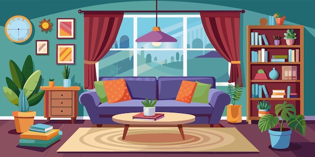 Vetor uma sala de estar com um sofá e uma janela com uma planta na mesa